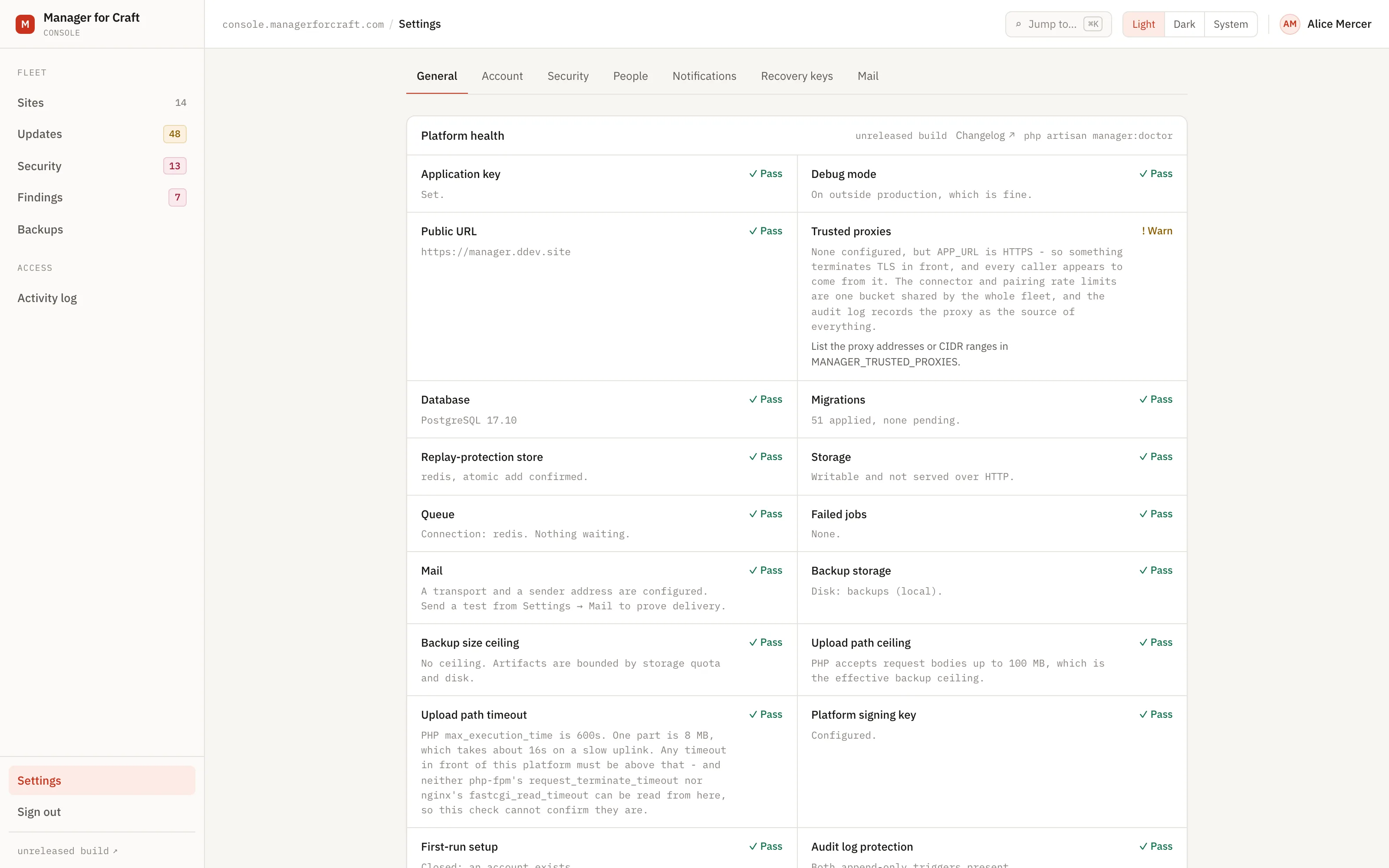 Destinations in Settings: what each one is subscribed to, whether it leaves by email or by signed webhook, and the five events you can choose between.