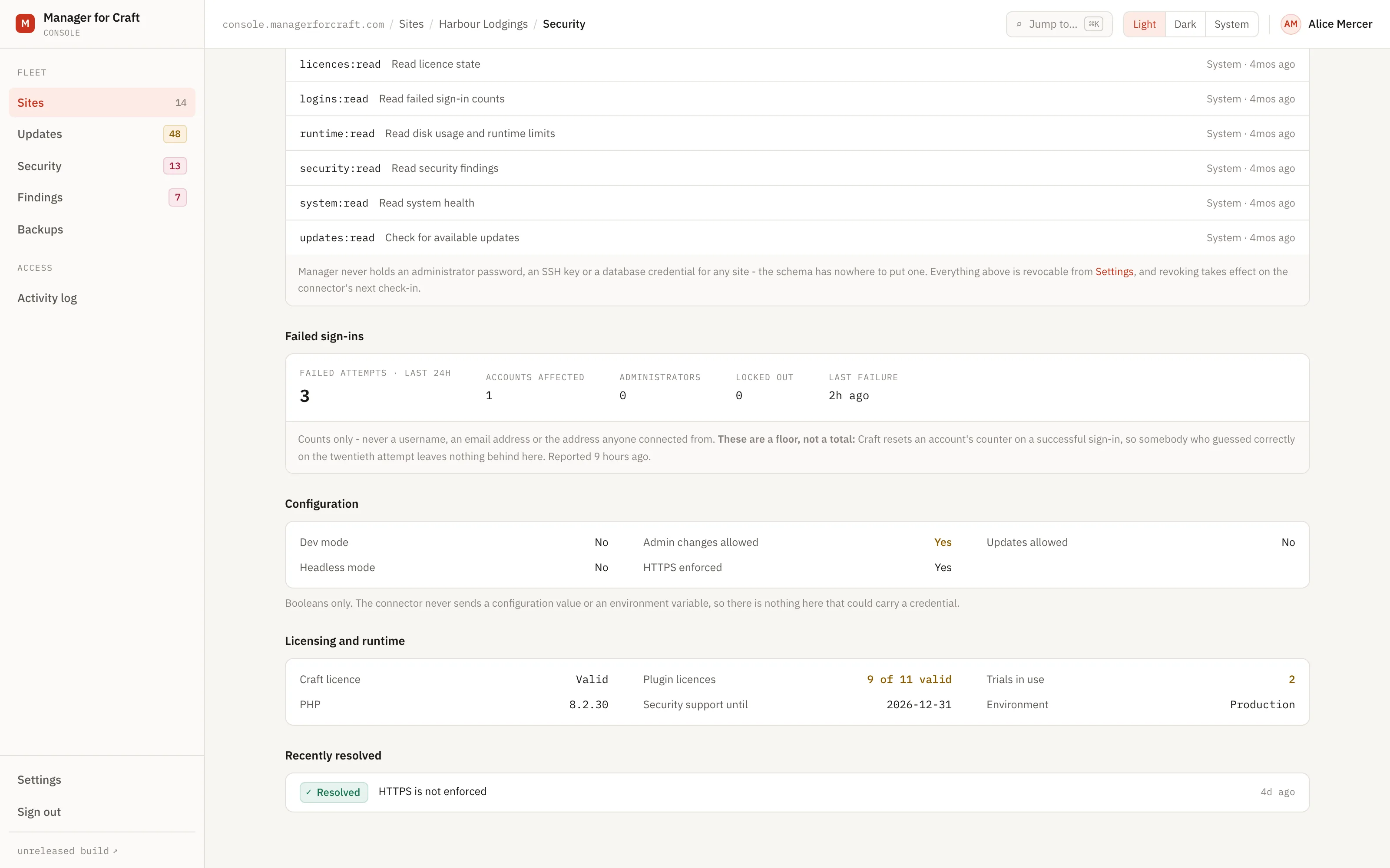The Security screen for one site. Licence state sits at the bottom of it: the Craft licence, how many commercial plugin licences are valid out of how many are installed, and how many are running on a trial.